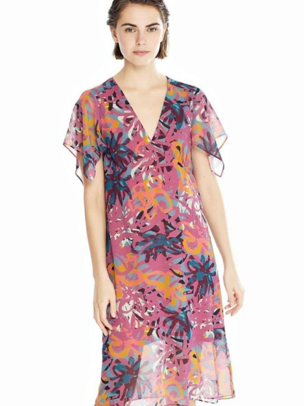 Cop. Copine KABOJY V Neck Butterfly Sleeves Chiffon Abstract Print Shift Dress